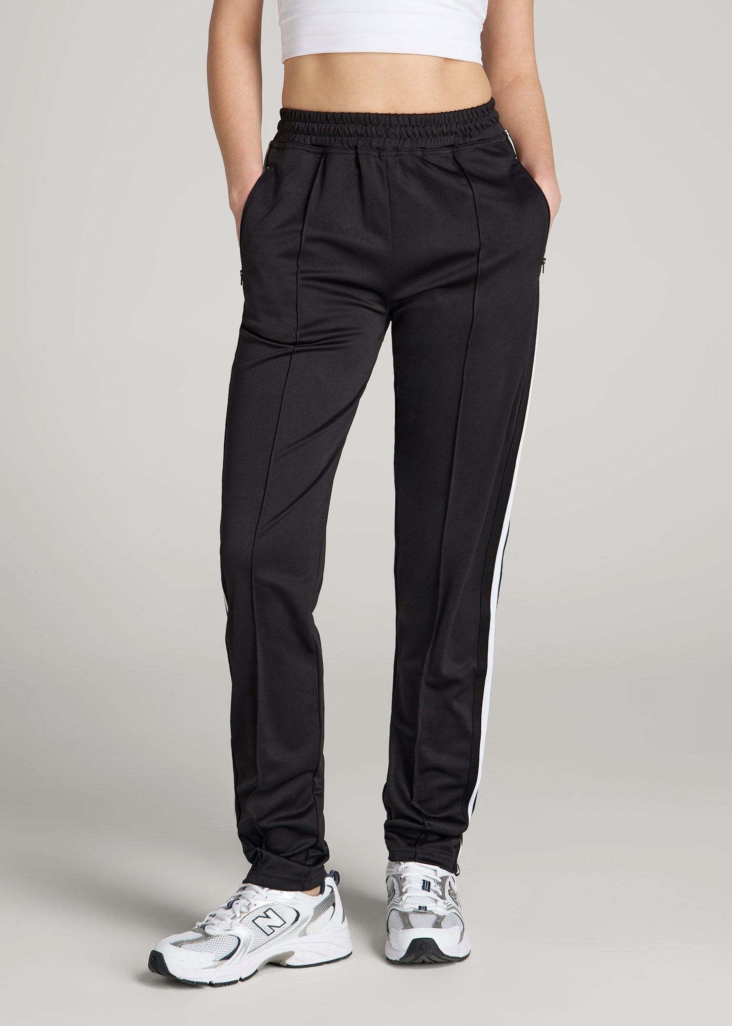 Ultra Lightweight Tricot Athletic Stripe Pants for Tall Women in Black and White