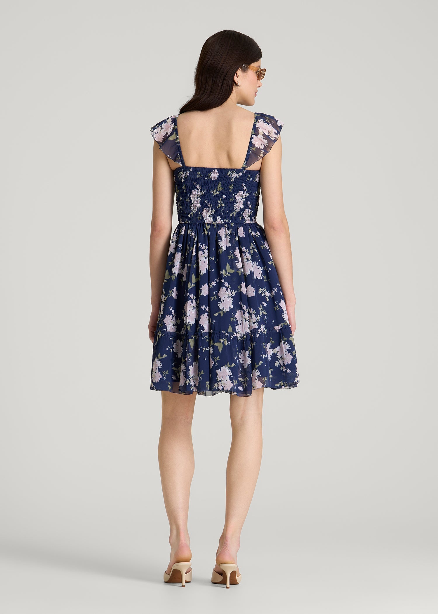 Chiffon Mini Gumdrop Dress for Tall Women in Dark Navy Floral
