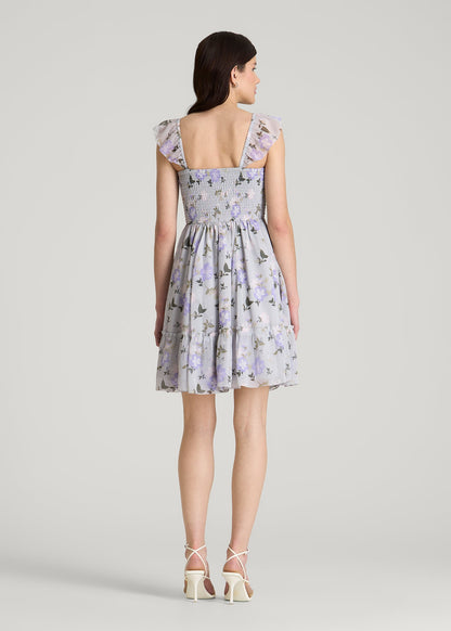 Chiffon Mini Gumdrop Dress for Tall Women in Grey and Lilac Floral