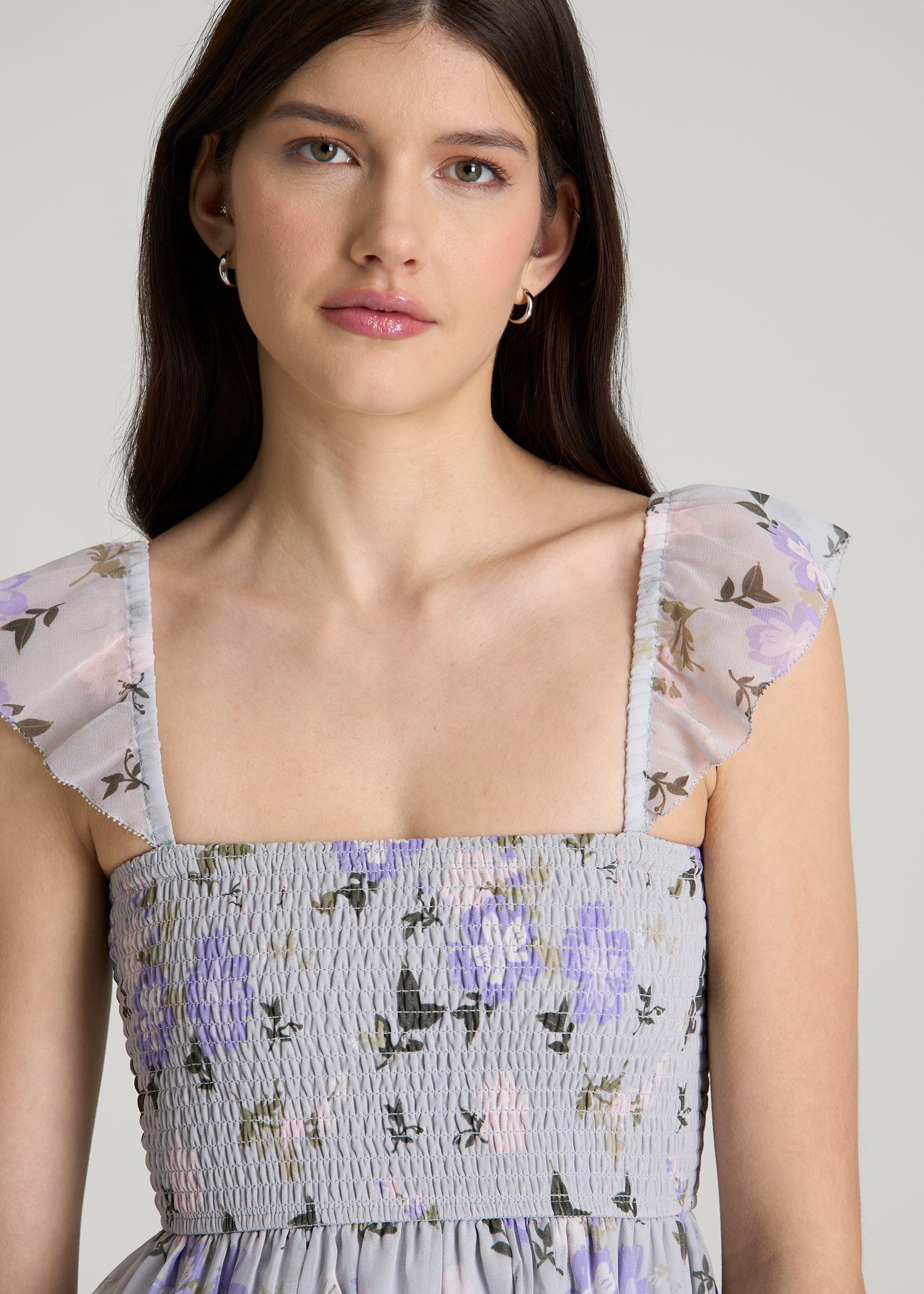 Chiffon Mini Gumdrop Dress for Tall Women in Grey and Lilac Floral