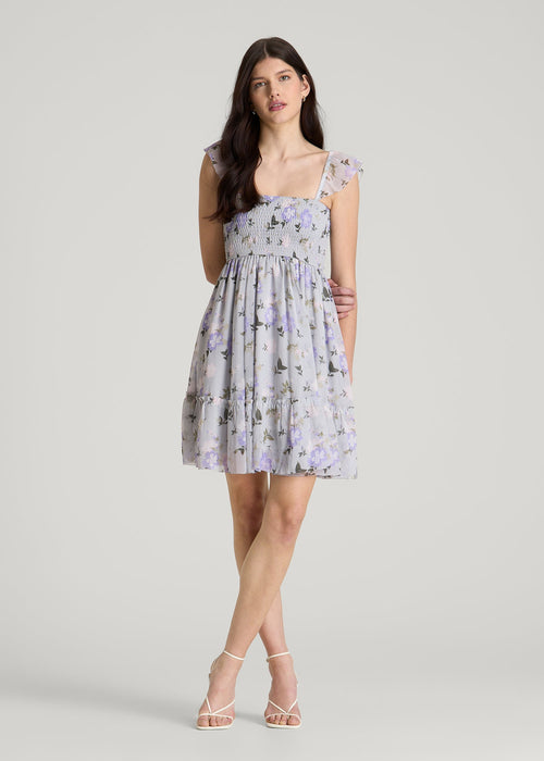 Chiffon Mini Gumdrop Dress for Tall Women in Grey and Lilac Floral