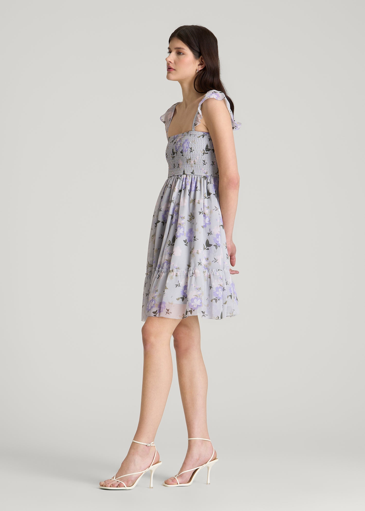Chiffon Mini Gumdrop Dress for Tall Women in Grey and Lilac Floral