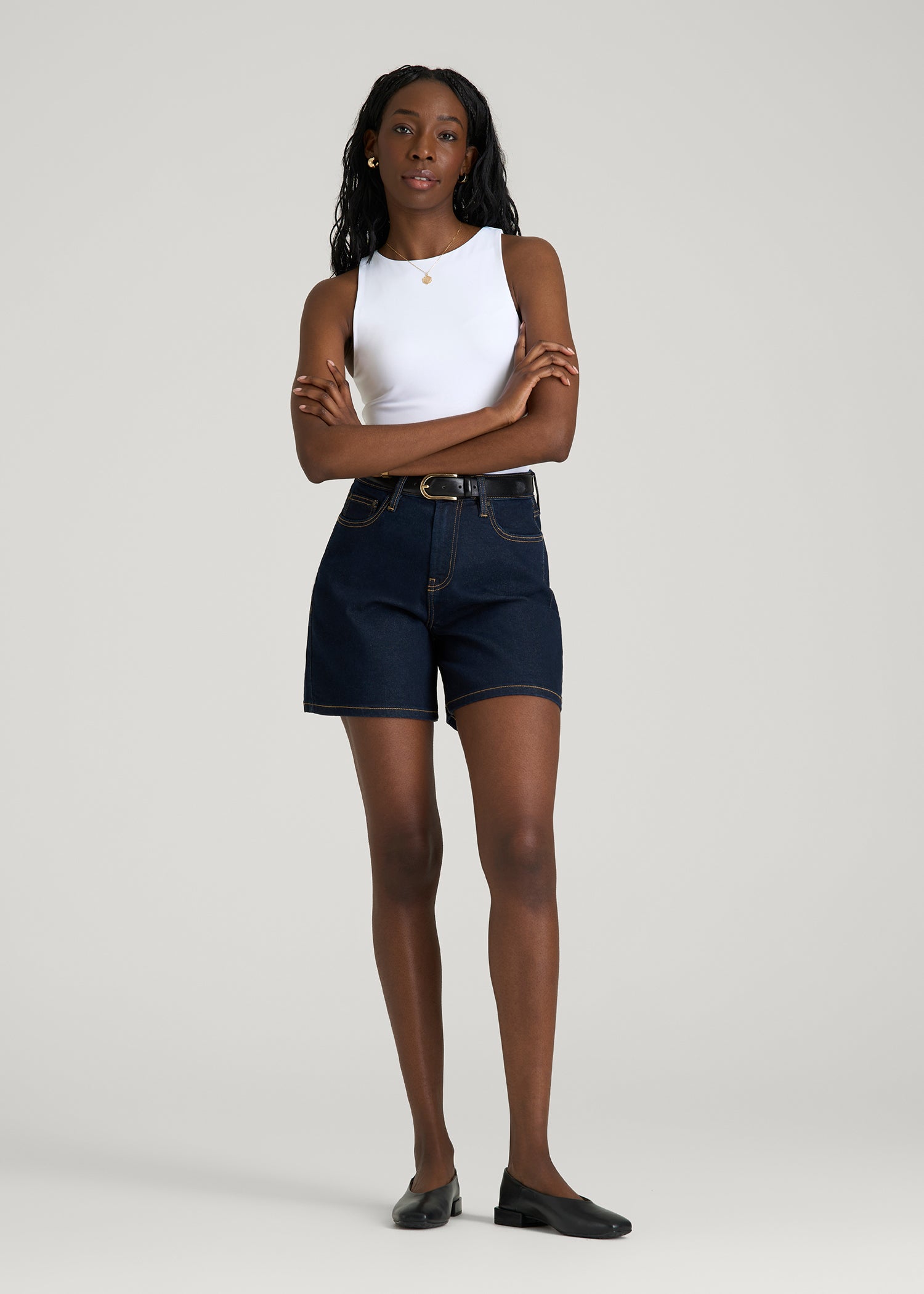 Stretch Denim Shorts for Tall Women in Deep Indigo Wash