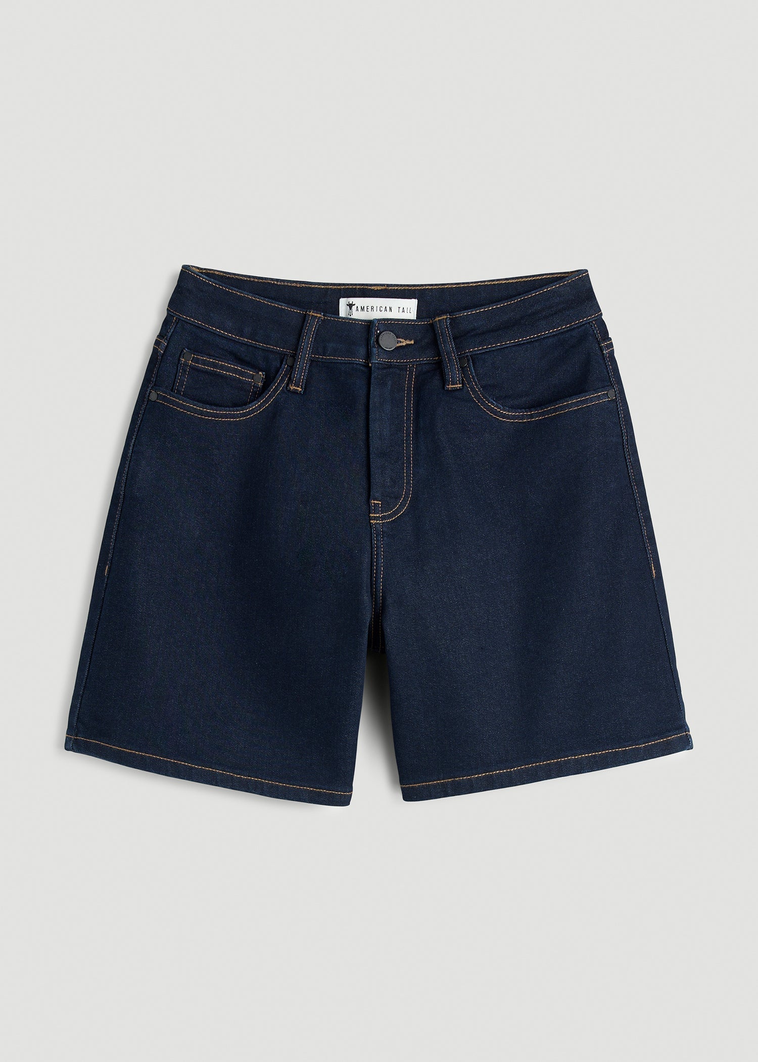 Stretch Denim Shorts for Tall Women in Deep Indigo Wash