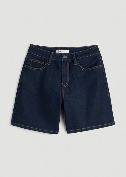 Stretch Denim Shorts for Tall Women in Deep Indigo Wash