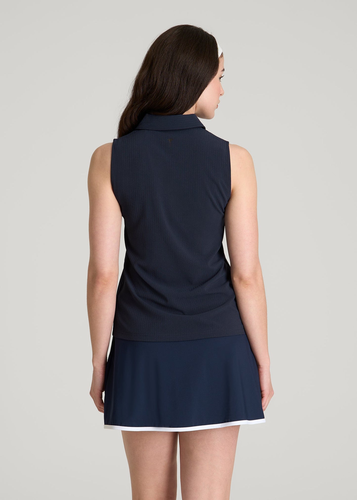 Coastal Perforated Sleeveless Polo for Tall Women in Navy
