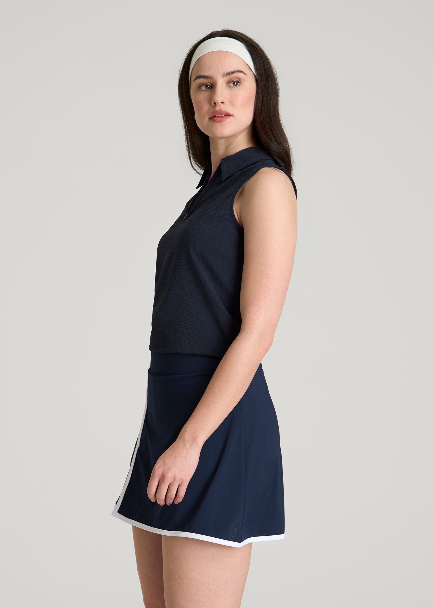 Coastal Perforated Sleeveless Polo for Tall Women in Navy
