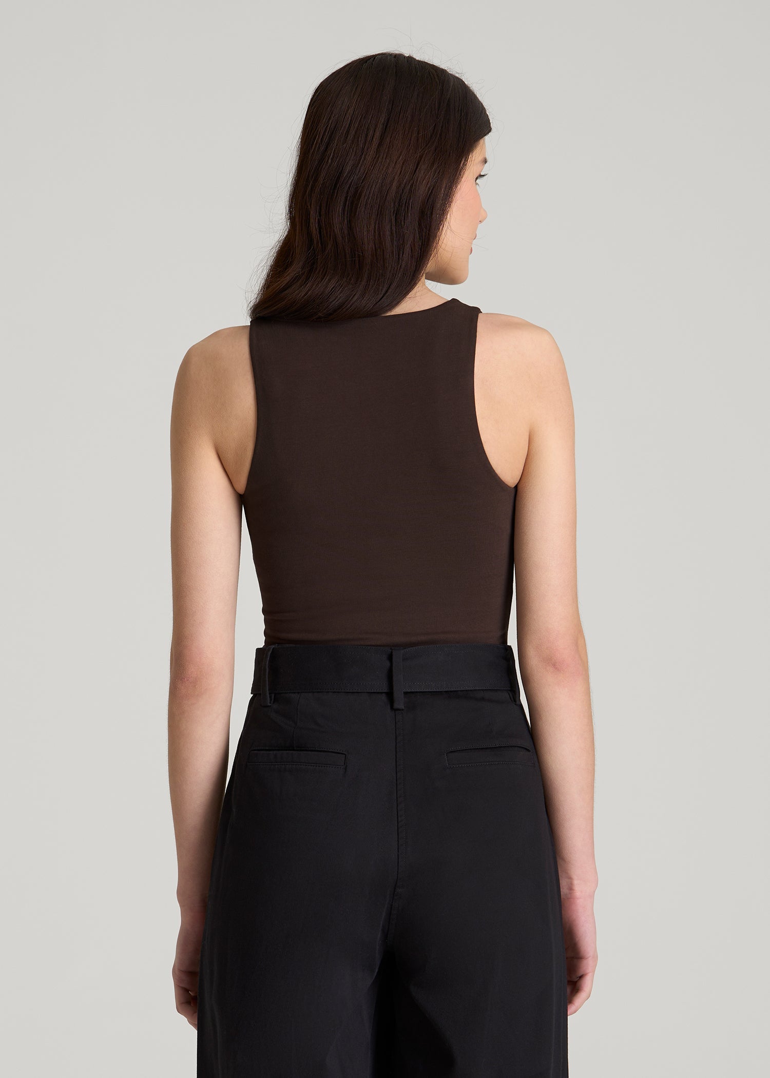 Cotton Blend Sleeveless V-Neck Bodysuit for Tall Women in Espresso