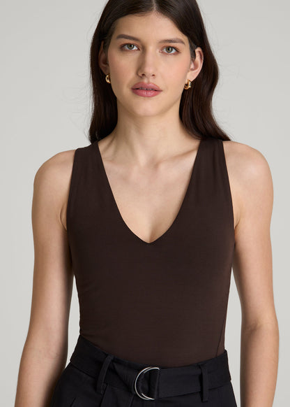 Cotton Blend Sleeveless V-Neck Bodysuit for Tall Women in Espresso