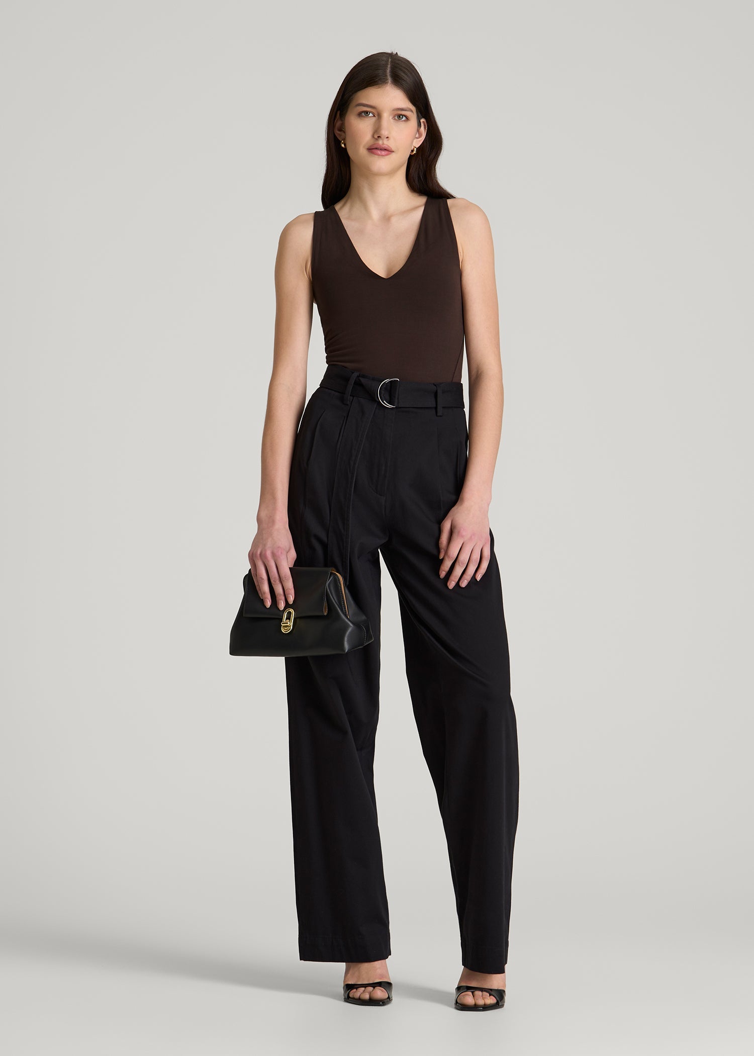Cotton Blend Sleeveless V-Neck Bodysuit for Tall Women in Espresso