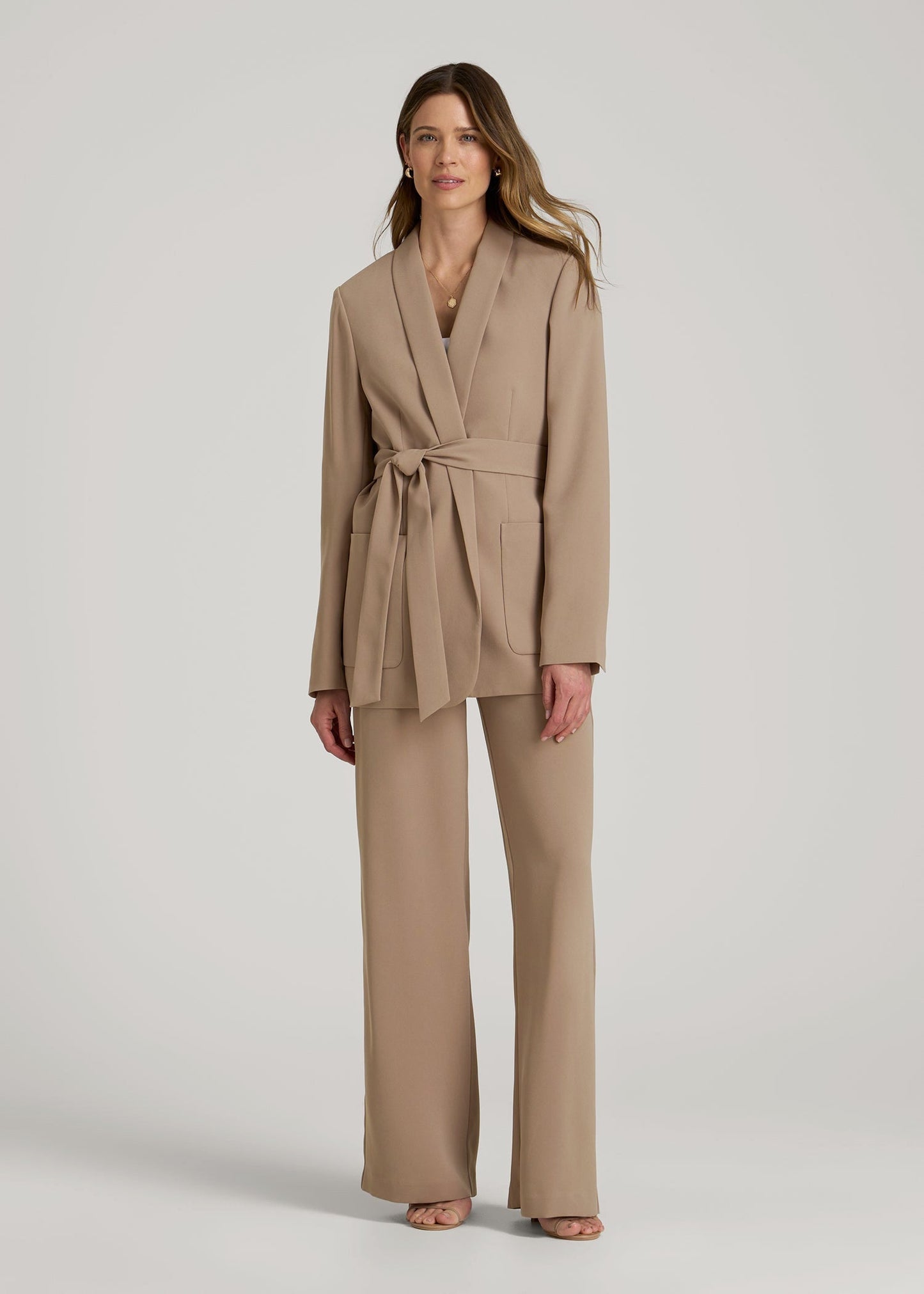 Crepe Wrap Blazer for Tall Women in Dark Sand