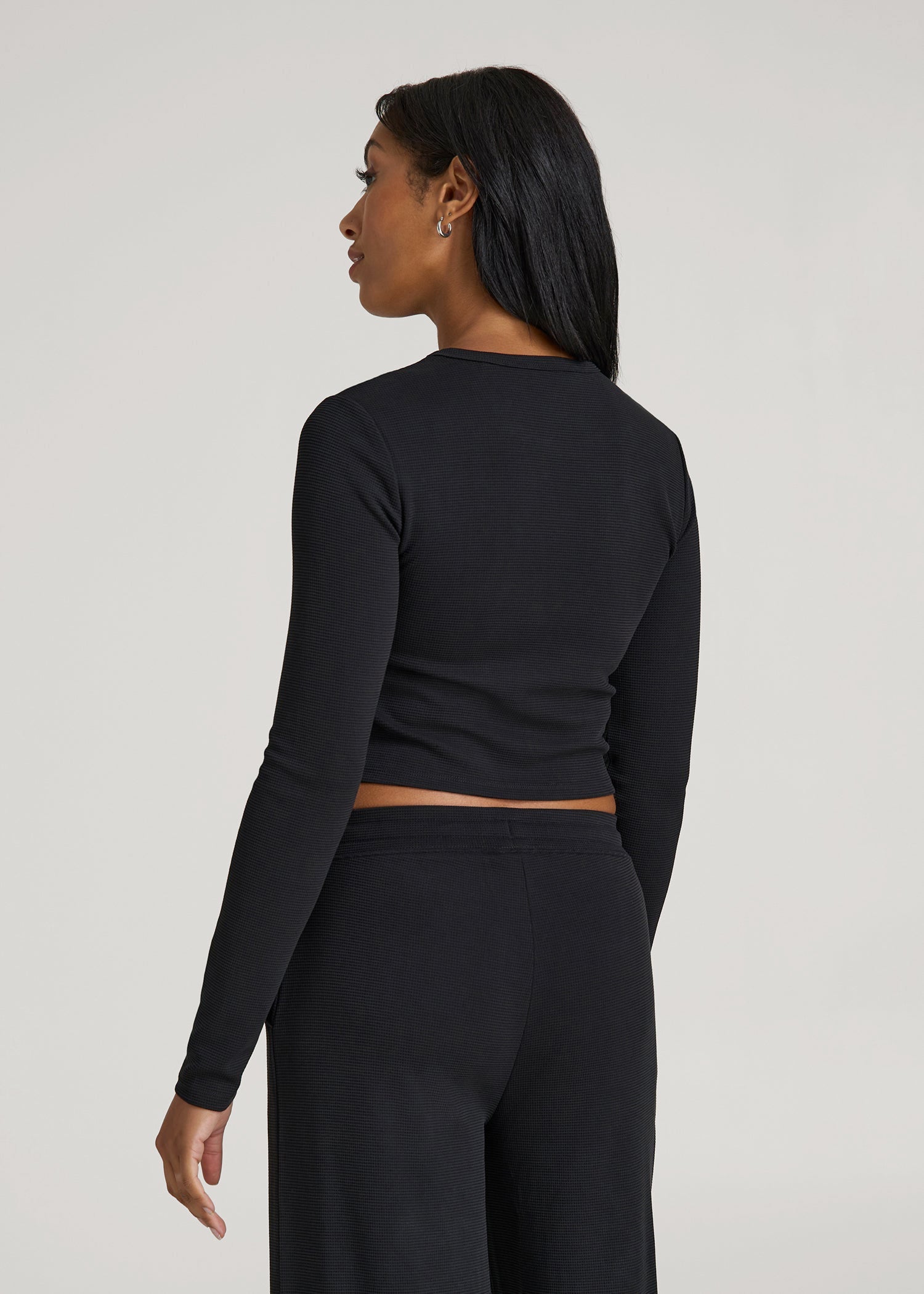 Cropped Long Sleeve Waffle Shirt for Tall Women in Black
