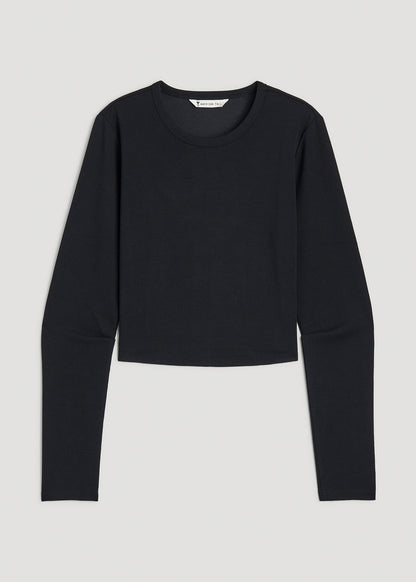 Cropped Long Sleeve Waffle Shirt for Tall Women in Black