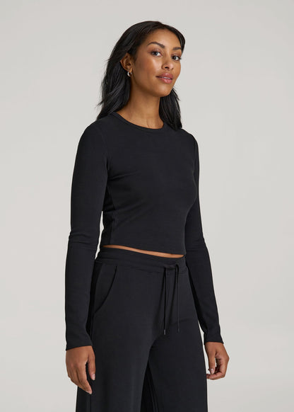 Cropped Long Sleeve Waffle Shirt for Tall Women in Black