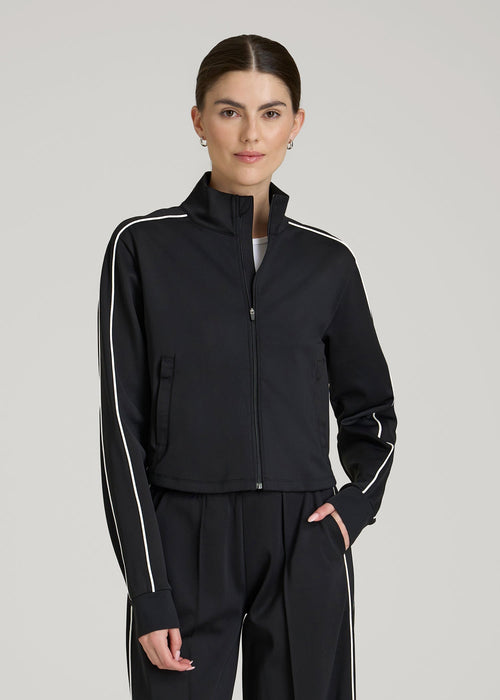 Cropped Track Jacket with Piping for Tall Women in Black