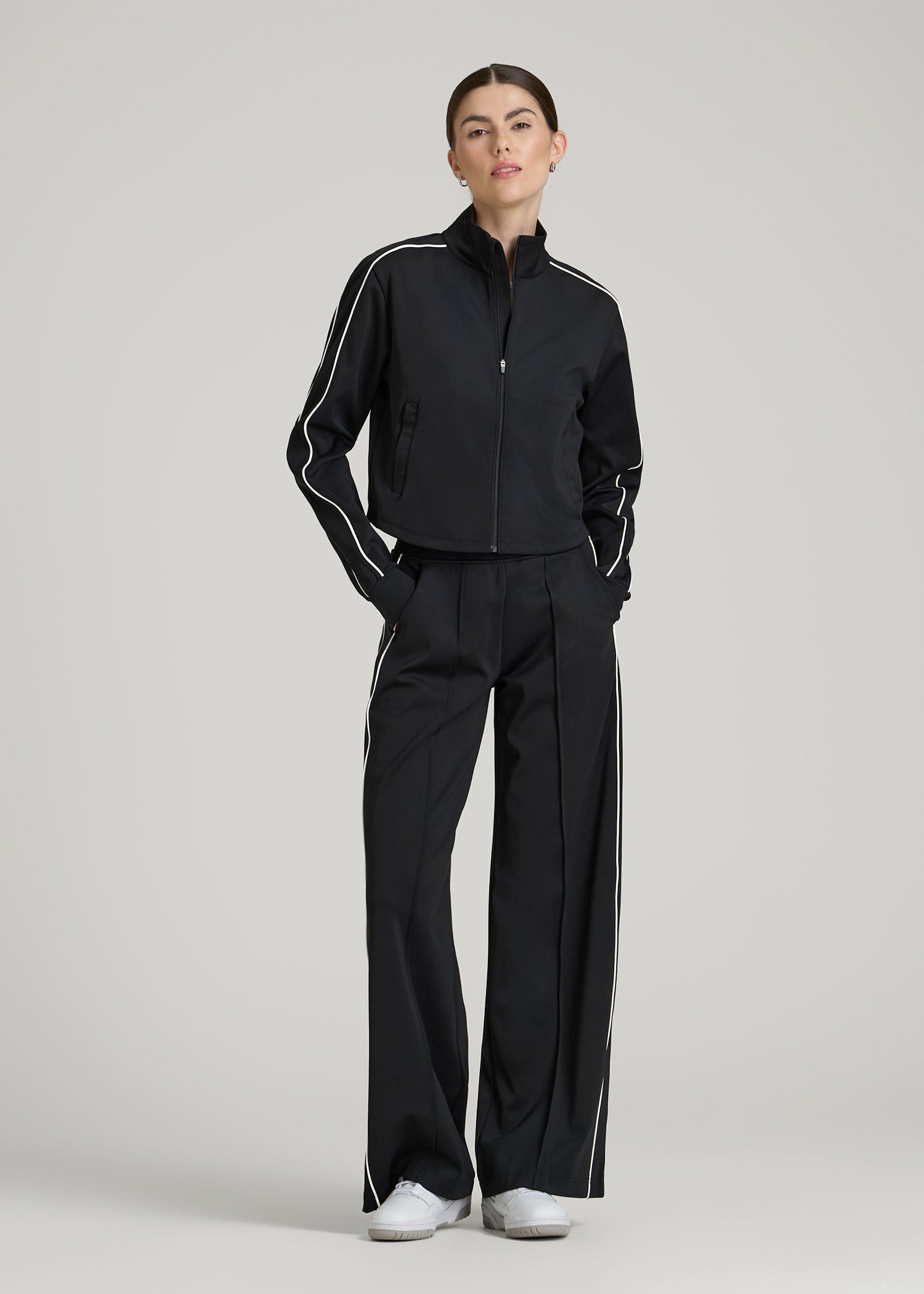 Cropped Track Jacket with Piping for Tall Women in Black