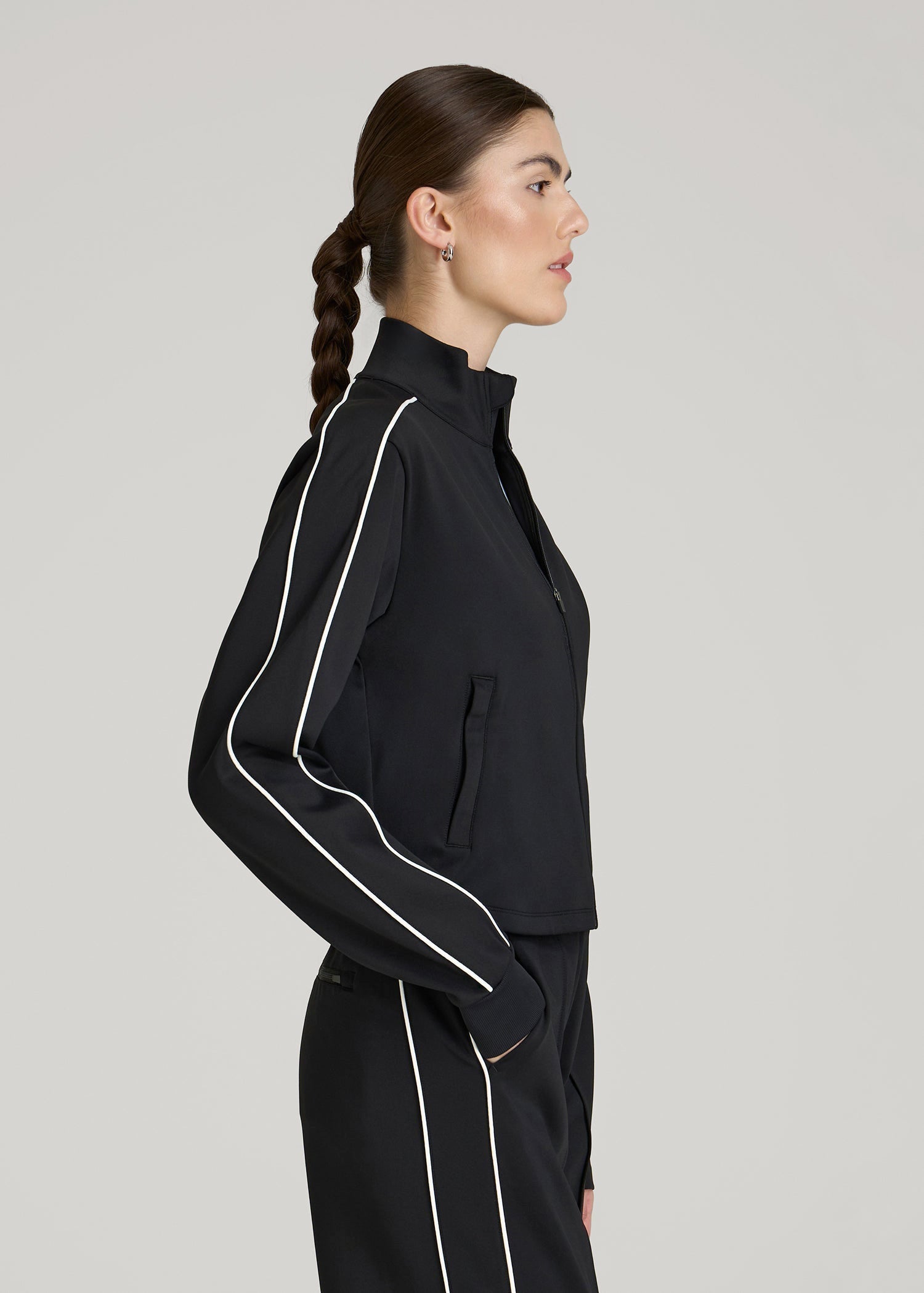 Cropped Track Jacket with Piping for Tall Women in Black