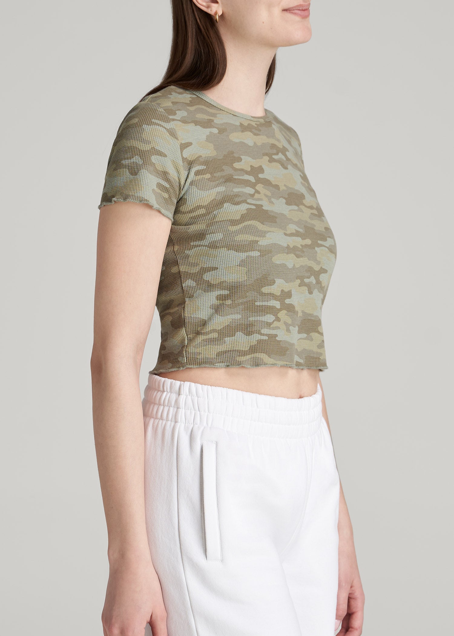 Cropped Waffle Tee for Tall Women in Green Camo Print