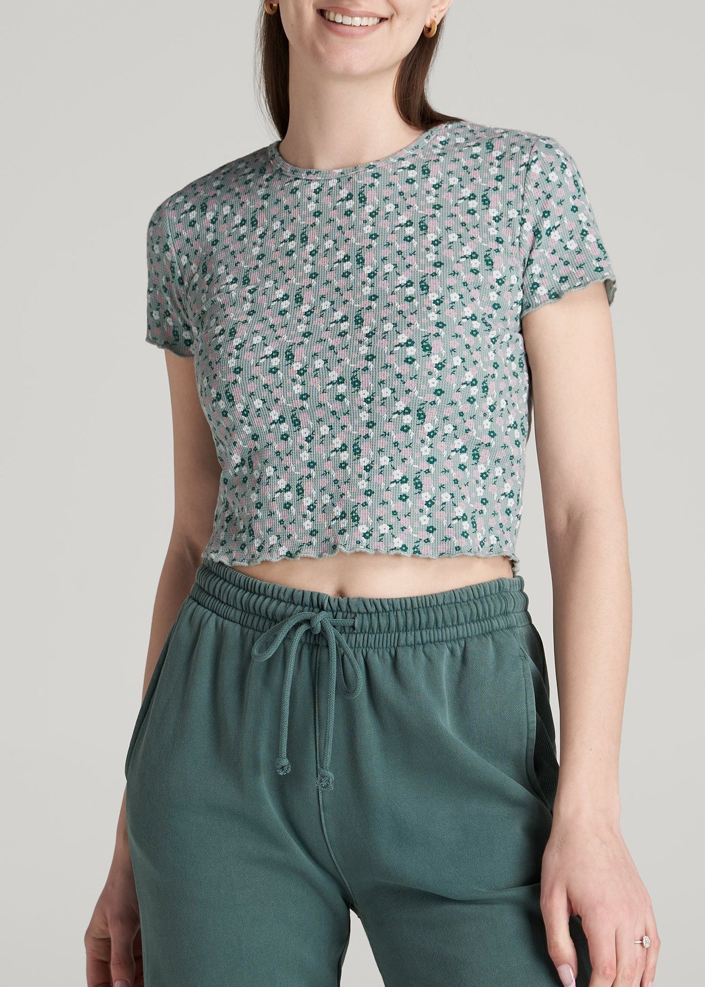 Cropped Waffle Tee for Tall Women in Seaglass Floral