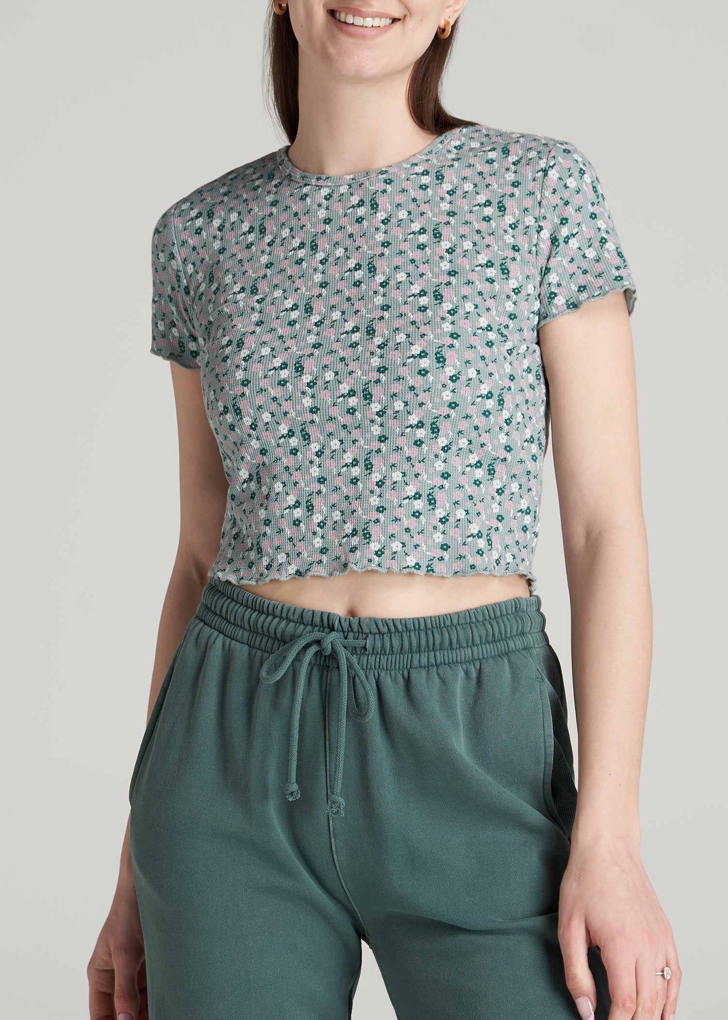 Cropped Waffle Tee for Tall Women in Seaglass Floral