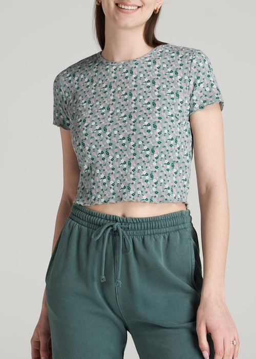Cropped Waffle Tee for Tall Women in Seaglass Floral