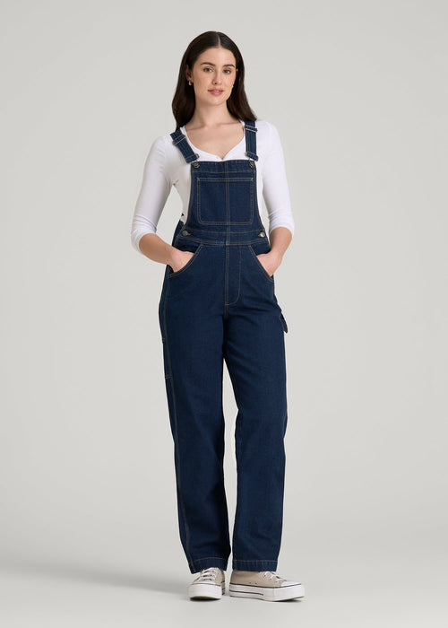 Denim Overalls for Tall Women in Deep Indigo Wash