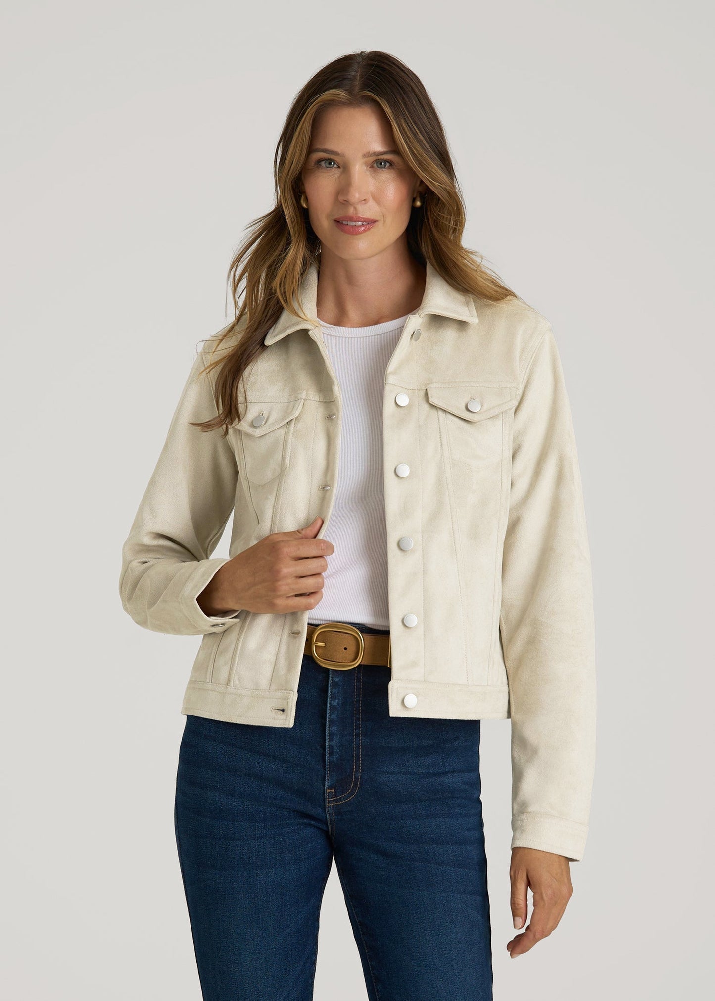 True Touch Suede Trucker Jacket for Tall Women in Overcast