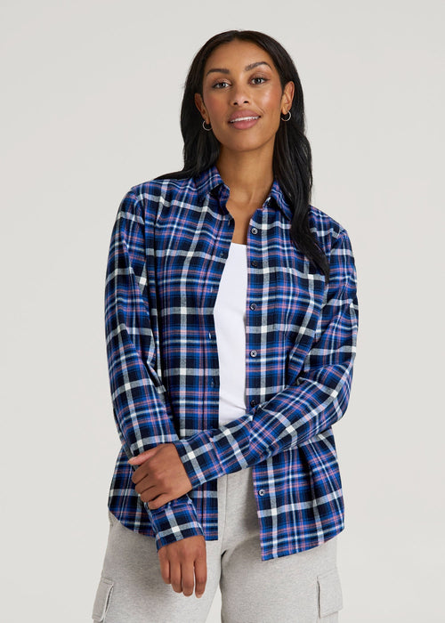 Flannel Button-Up Shirt for Tall Women in Cobalt, Navy, and Peach Plaid