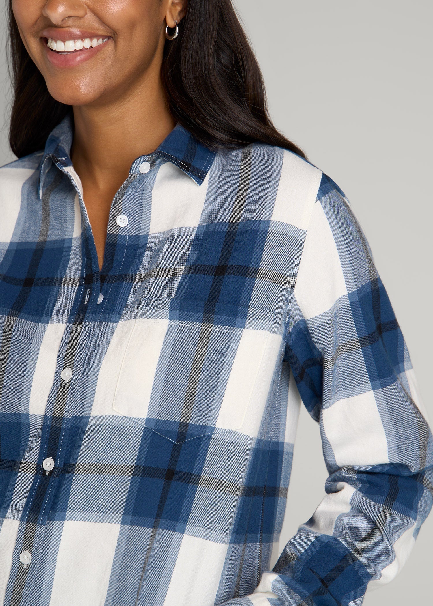 Flannel Button-Up Shirt for Tall Women in Ocean Blue and White