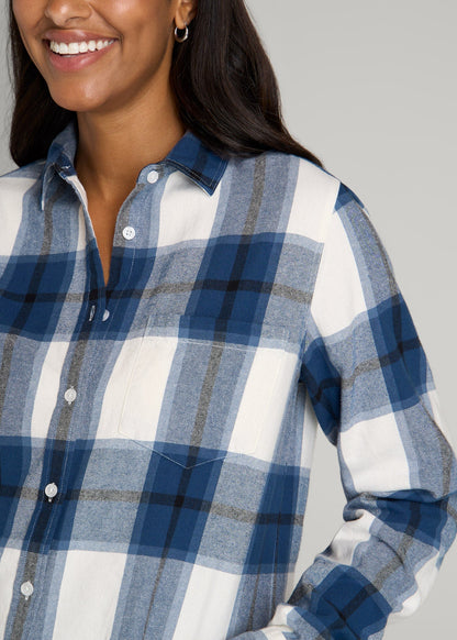 Flannel Button-Up Shirt for Tall Women in Ocean Blue and White