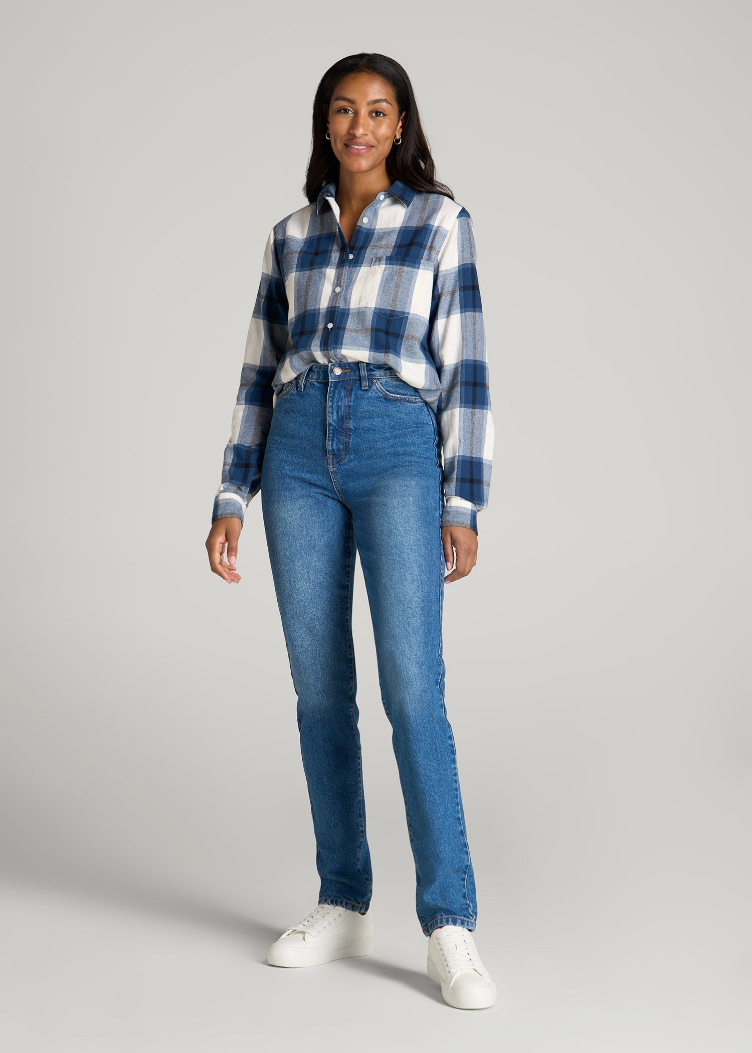 Flannel Button-Up Shirt for Tall Women in Ocean Blue and White
