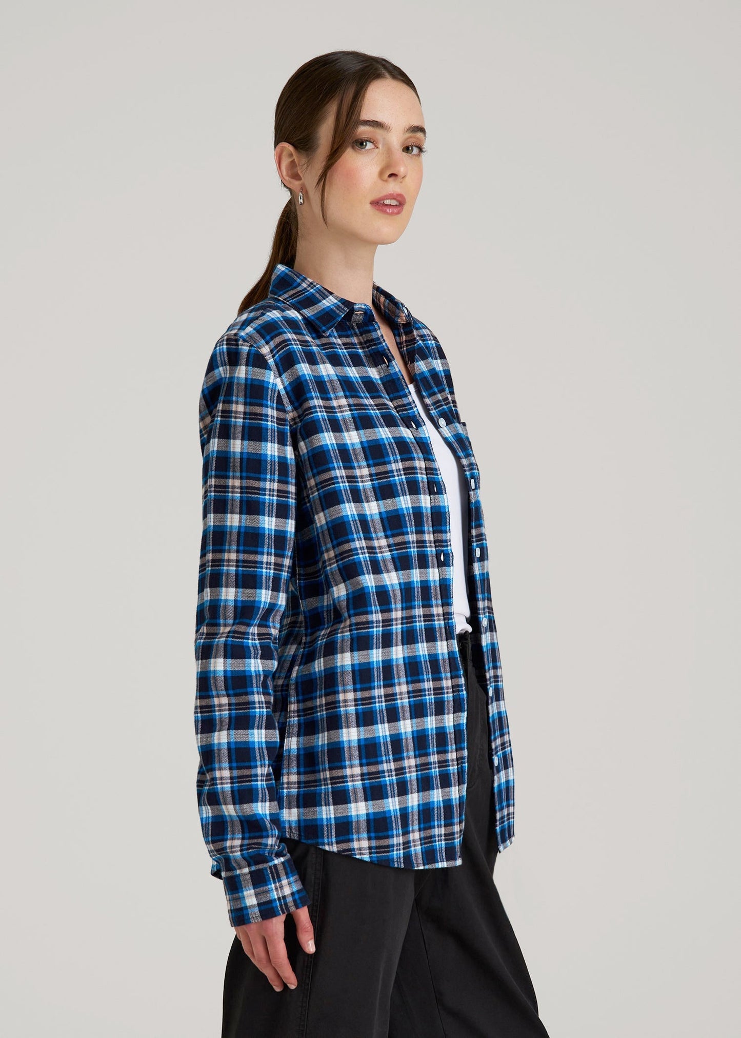 Flannel Button-Up Shirt for Tall Women in True Navy with Cobalt