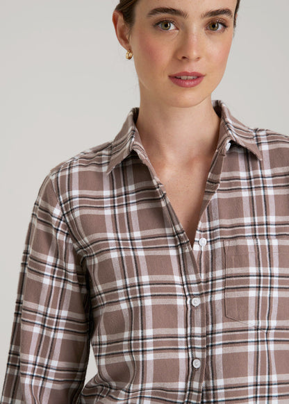 Flannel Button-Up Shirt for Tall Women in Woodsmoke with Black