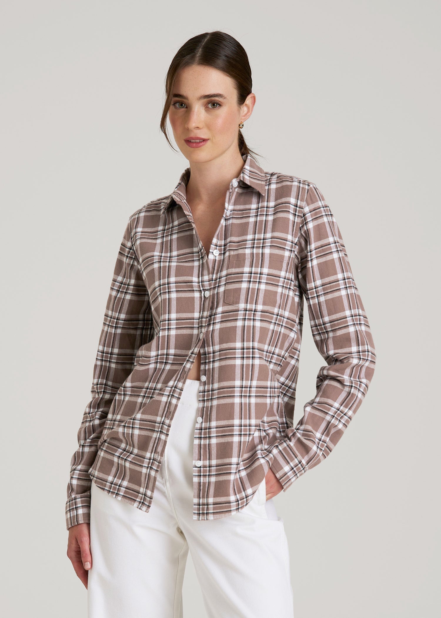 Flannel Button-Up Shirt for Tall Women in Woodsmoke with Black