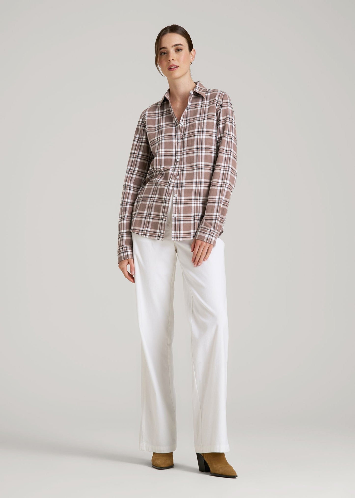 Flannel Button-Up Shirt for Tall Women in Woodsmoke with Black