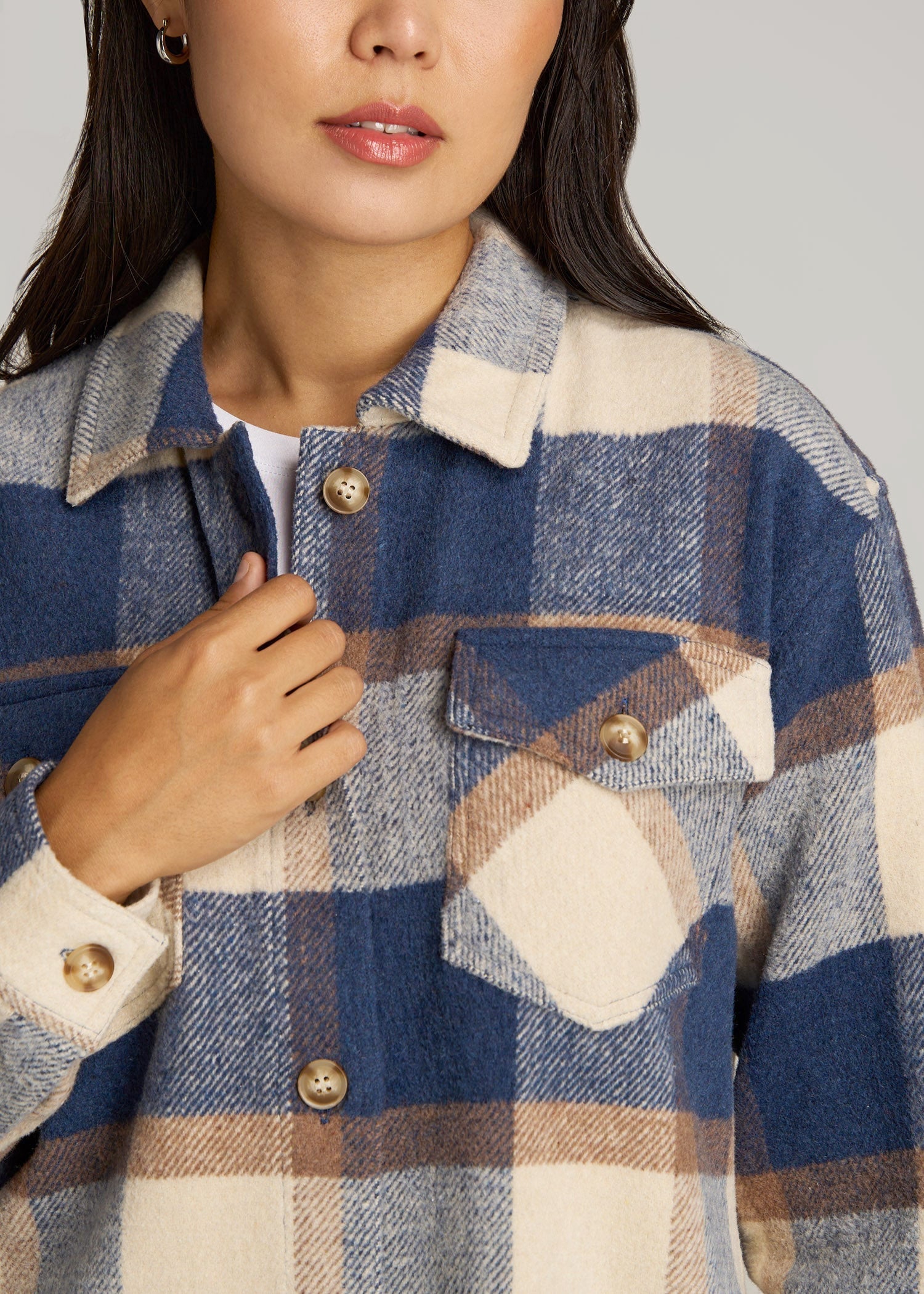 Flannel Shacket for Tall Women in Cream and Denim Blue Plaid