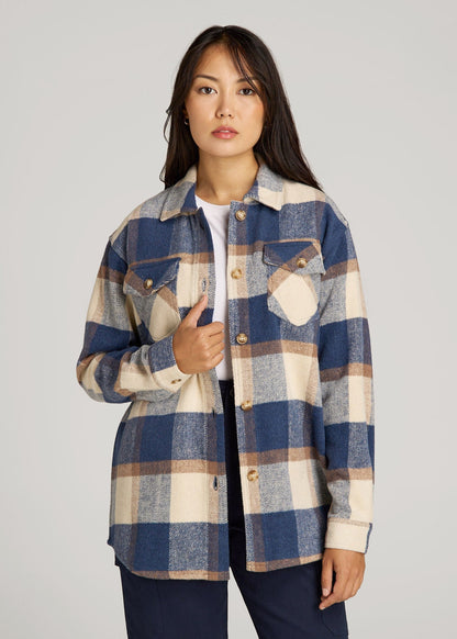 Flannel Shacket for Tall Women in Cream and Denim Blue Plaid
