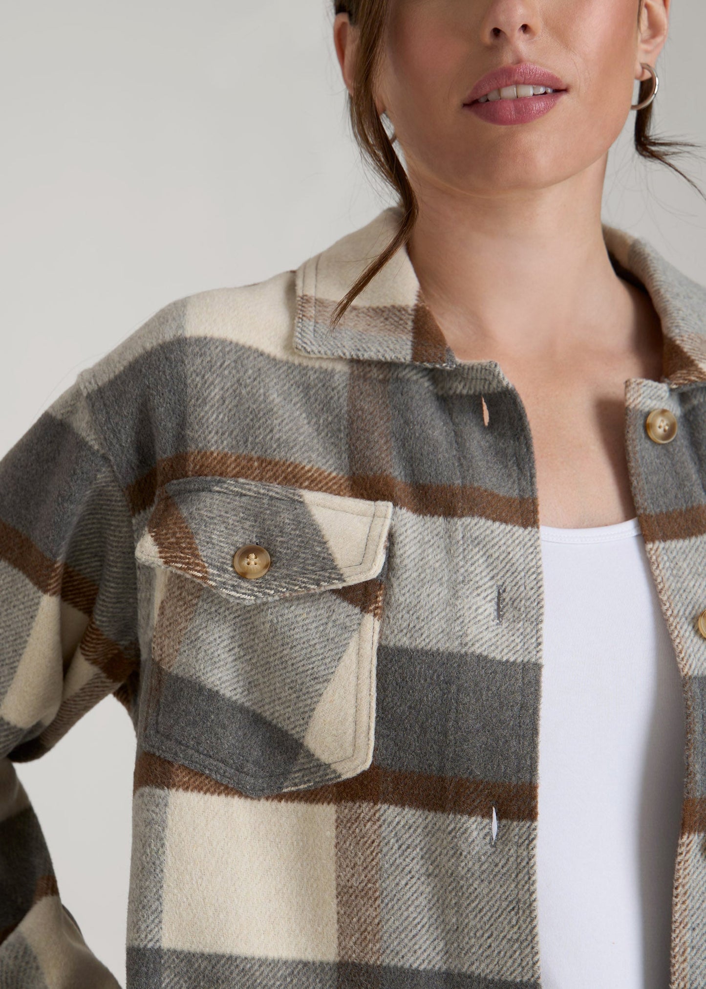 Flannel Shacket for Tall Women in Grey and Cream Plaid
