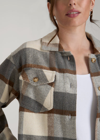Flannel Shacket for Tall Women in Grey and Cream Plaid