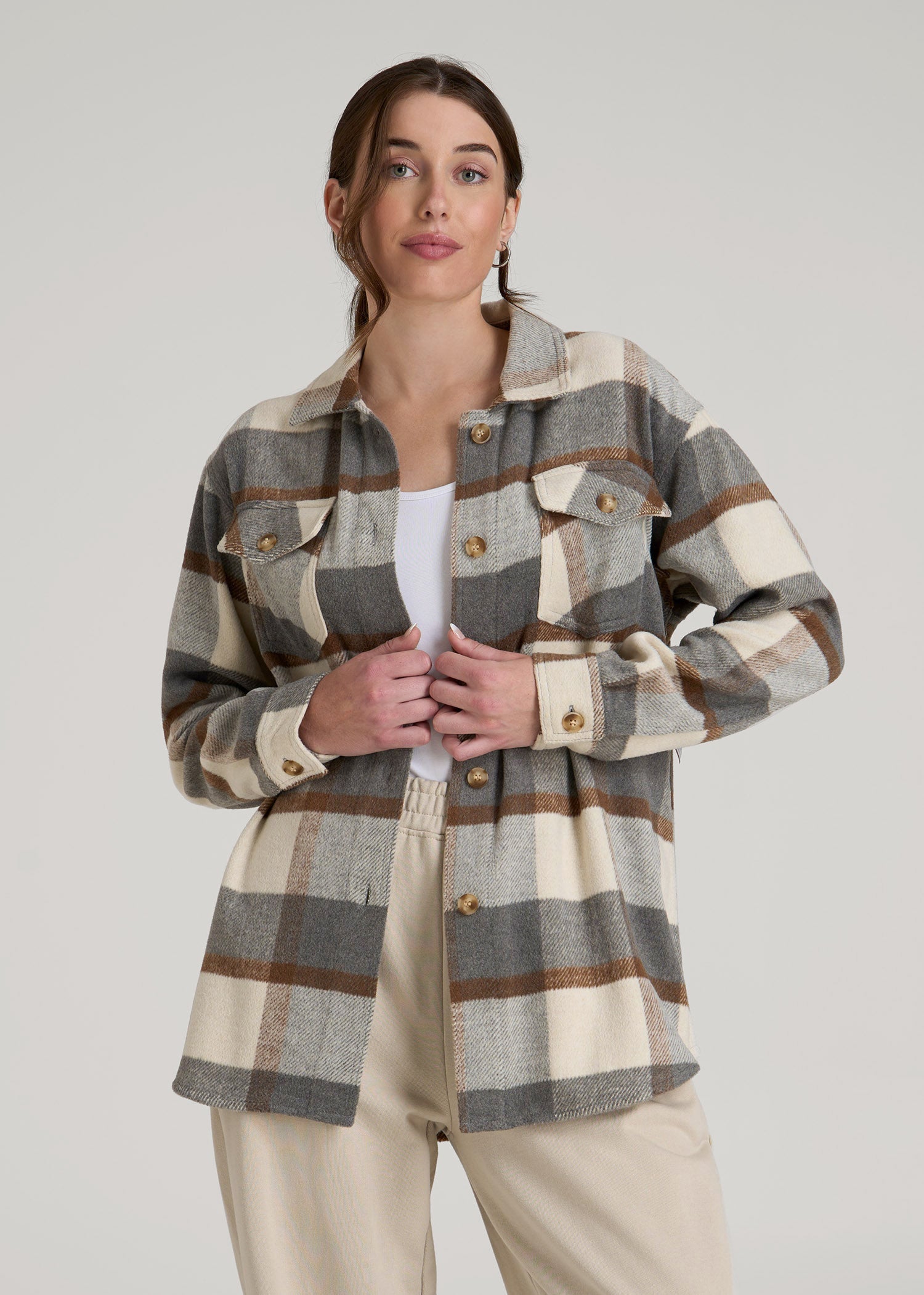 Flannel Shacket for Tall Women in Grey and Cream Plaid
