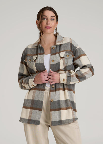 Flannel Shacket for Tall Women in Grey and Cream Plaid