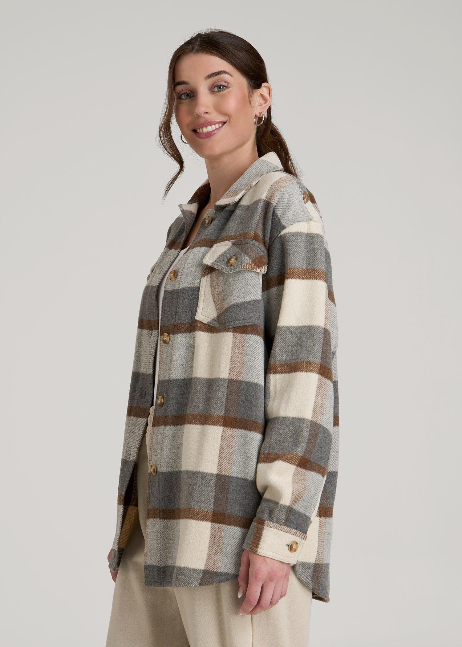 Flannel Shacket for Tall Women in Grey and Cream Plaid