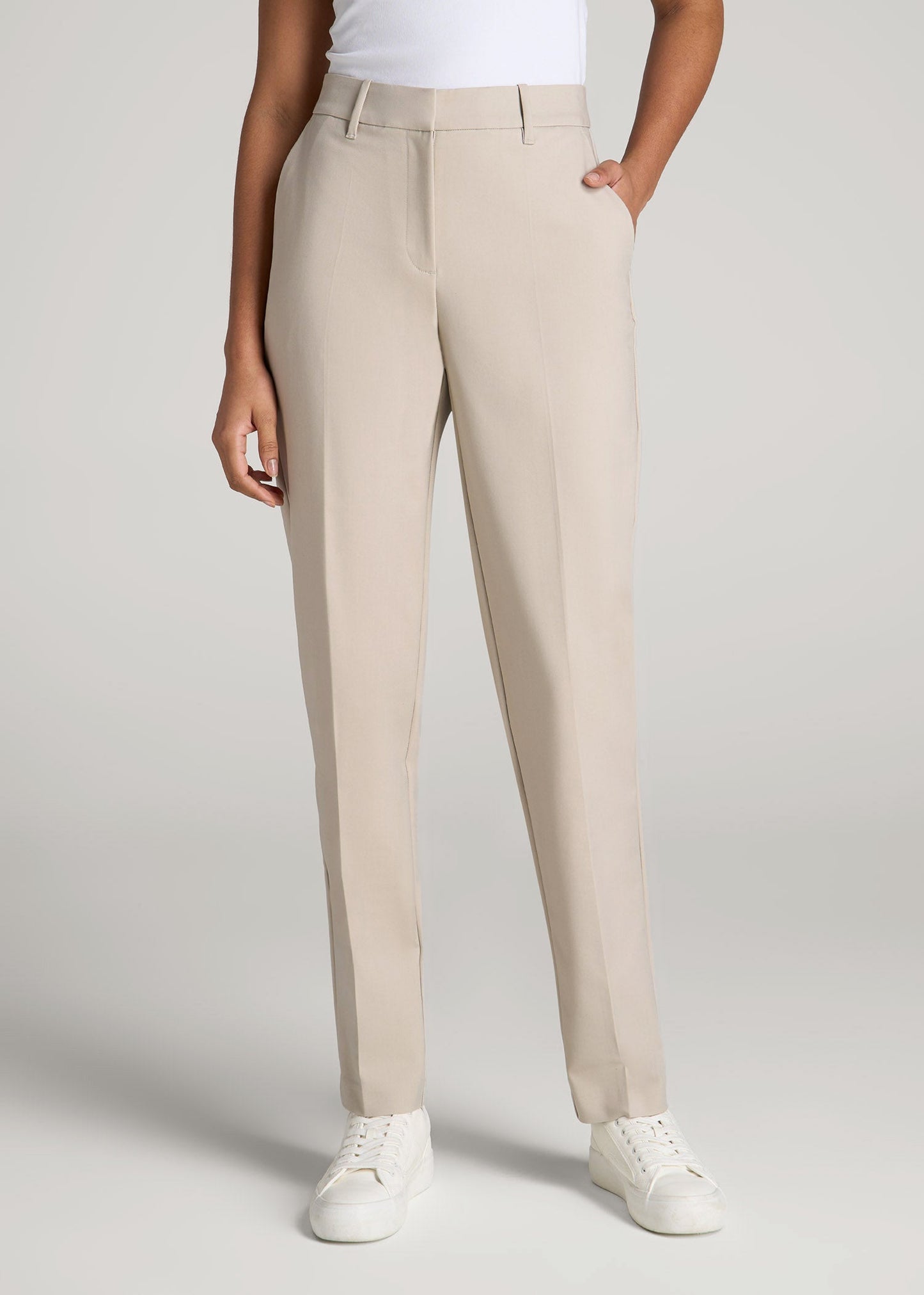 Flat Front Tapered Dress Pants for Tall Women in Stone