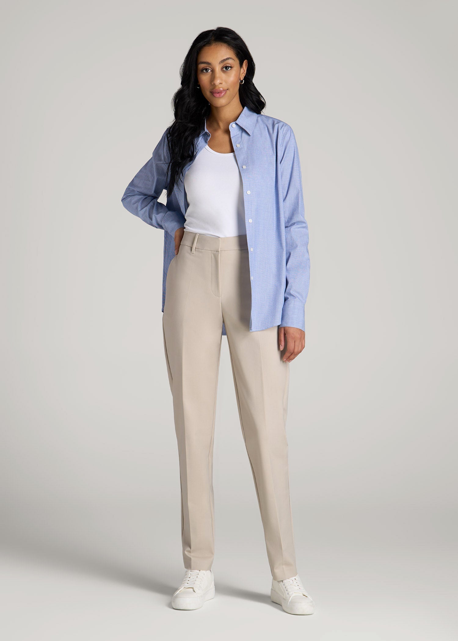 Flat Front Tapered Dress Pants for Tall Women in Stone