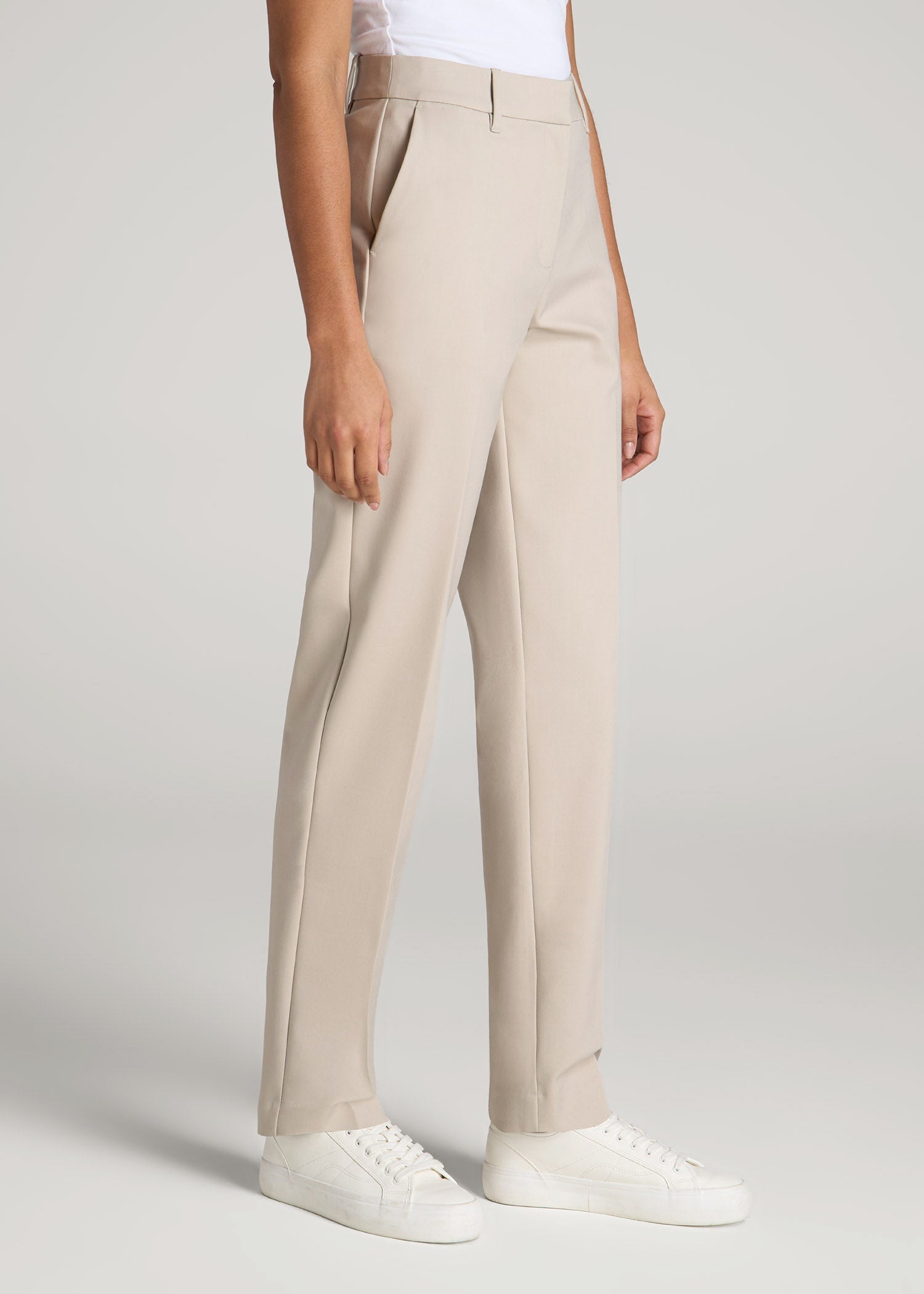 Flat Front Tapered Dress Pants for Tall Women in Stone