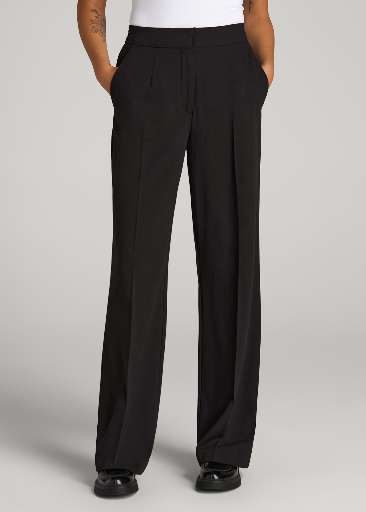 Flat Front Wide Leg Dress Pants for Tall Women in Black