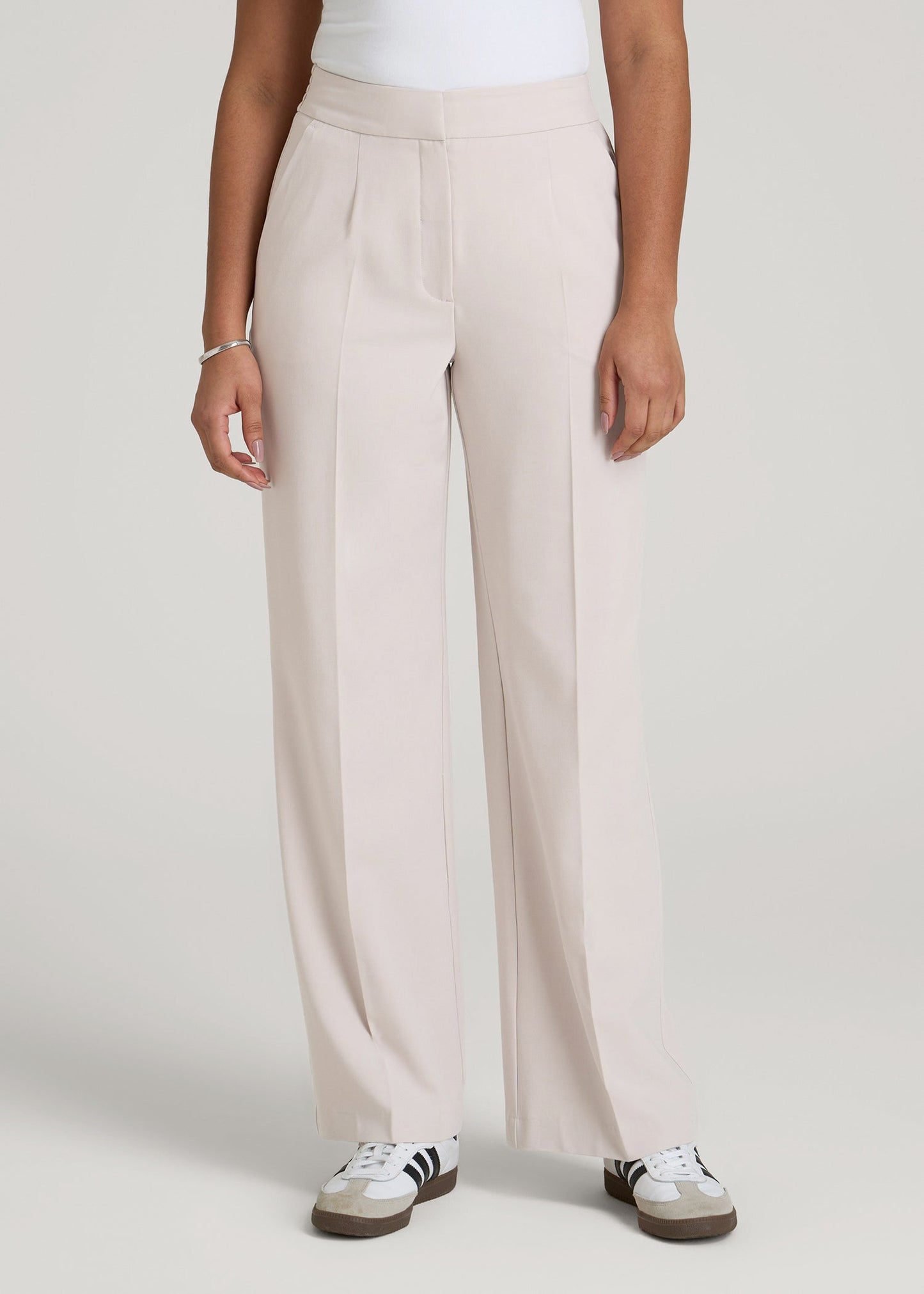 Flat Front Wide Leg Dress Pants for Tall Women in Drywall Tan