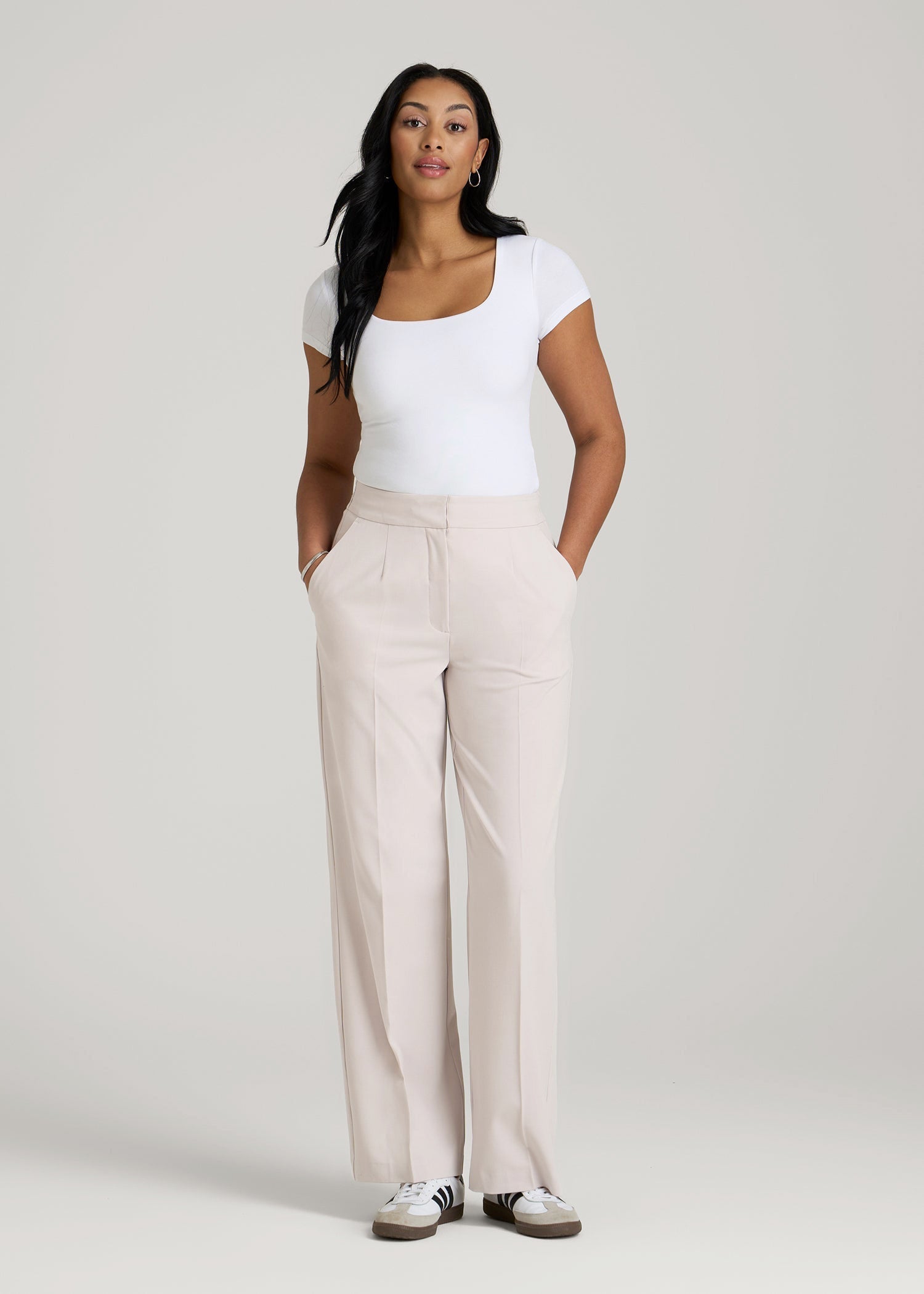 Flat Front Wide Leg Dress Pants for Tall Women in Drywall Tan