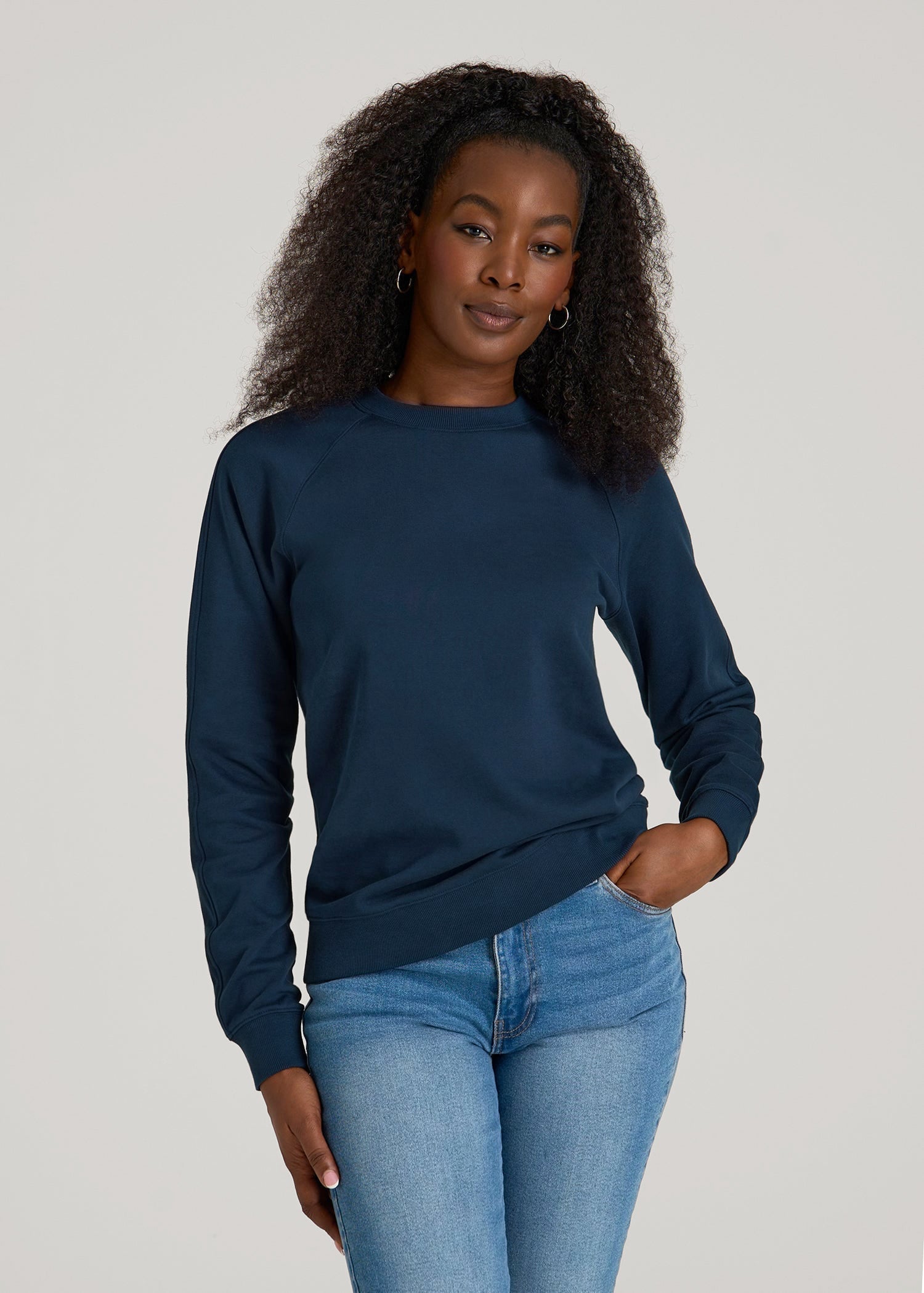 French Terry Crewneck Sweatshirt for Tall Women in Navy Blue