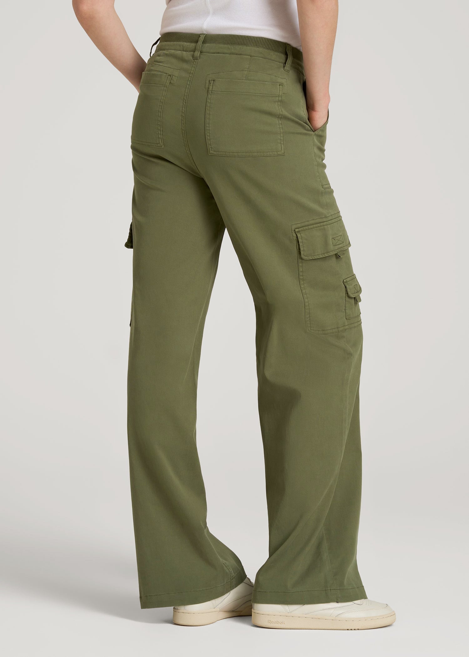 Garment Dyed Wide Leg Cargo Pants for Tall Women in Bright Olive